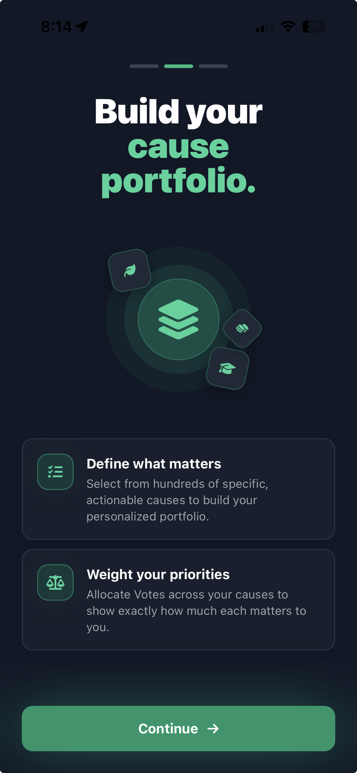 BlocParty onboarding — build your cause portfolio